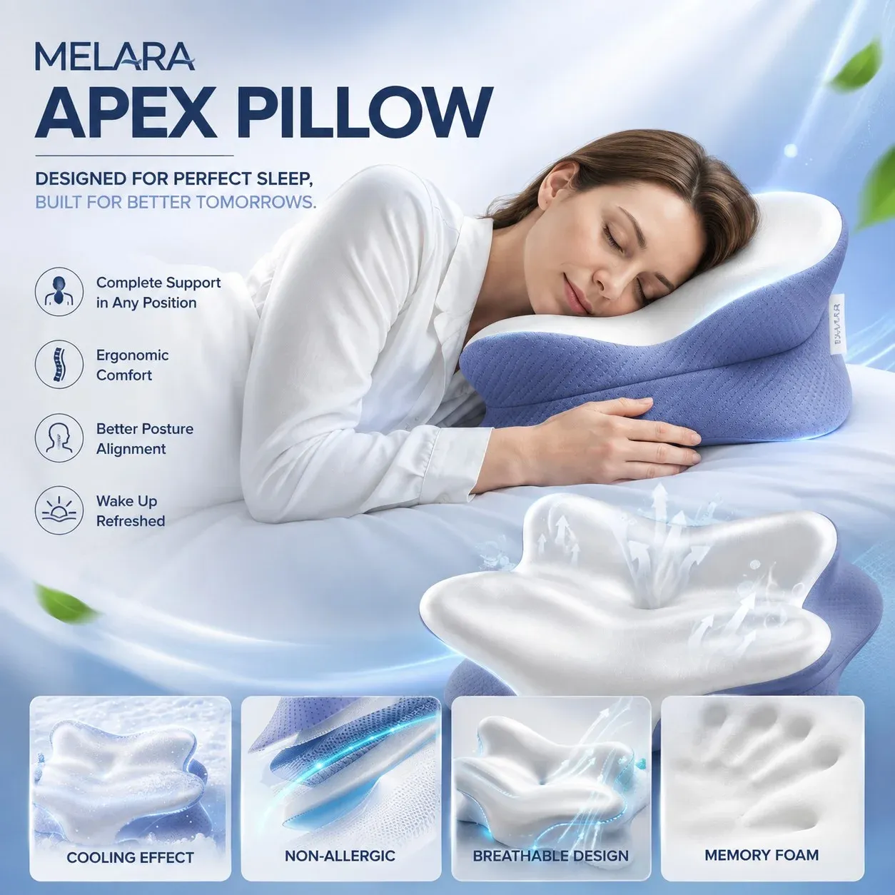 Melara Apex Pillow features: cooling effect, non-allergic, breathable design and memory foam
